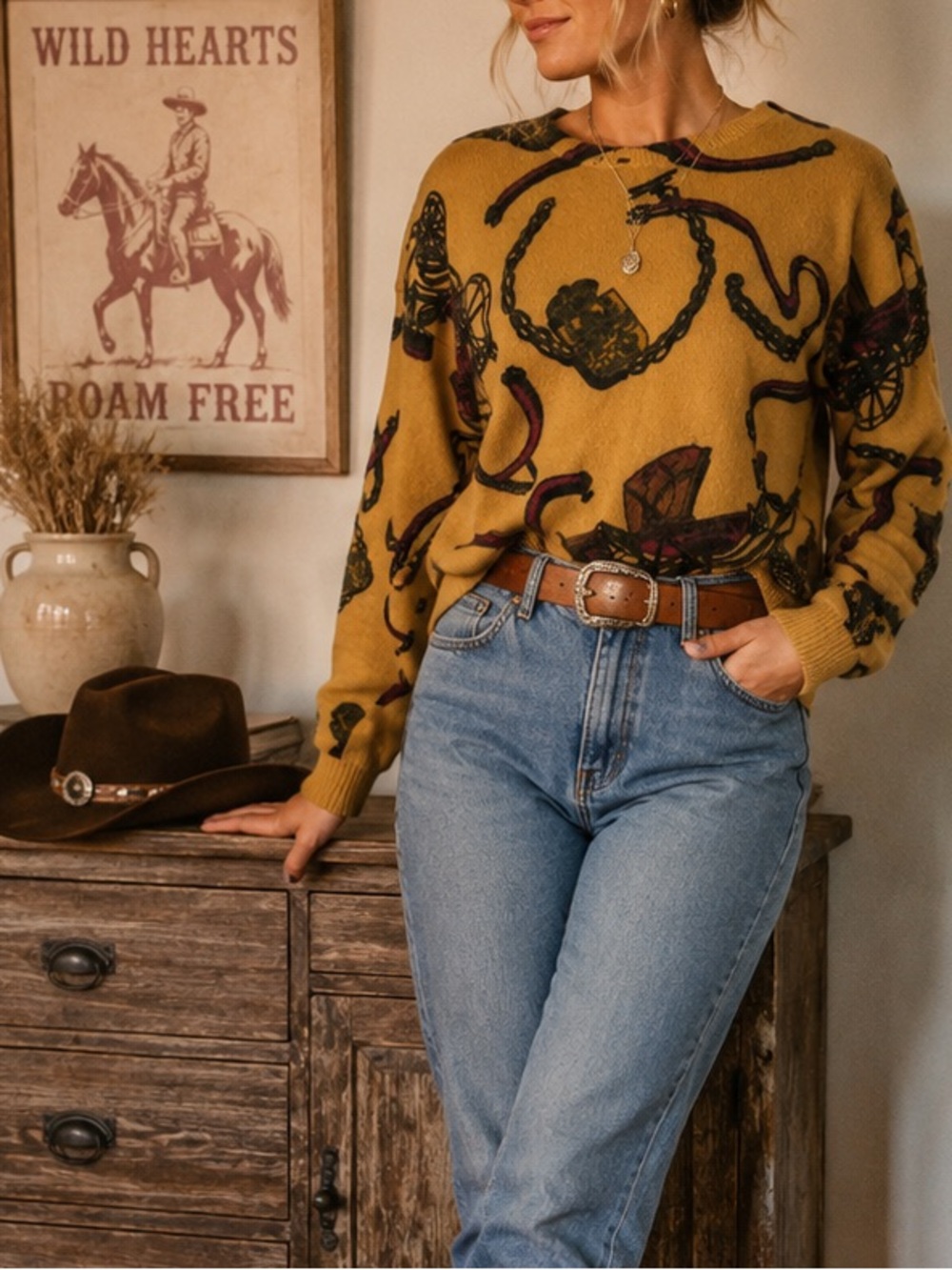 Vintage 90s Mustard Western Equestrian Print Sweater Shoulder Pads Estimated M/L